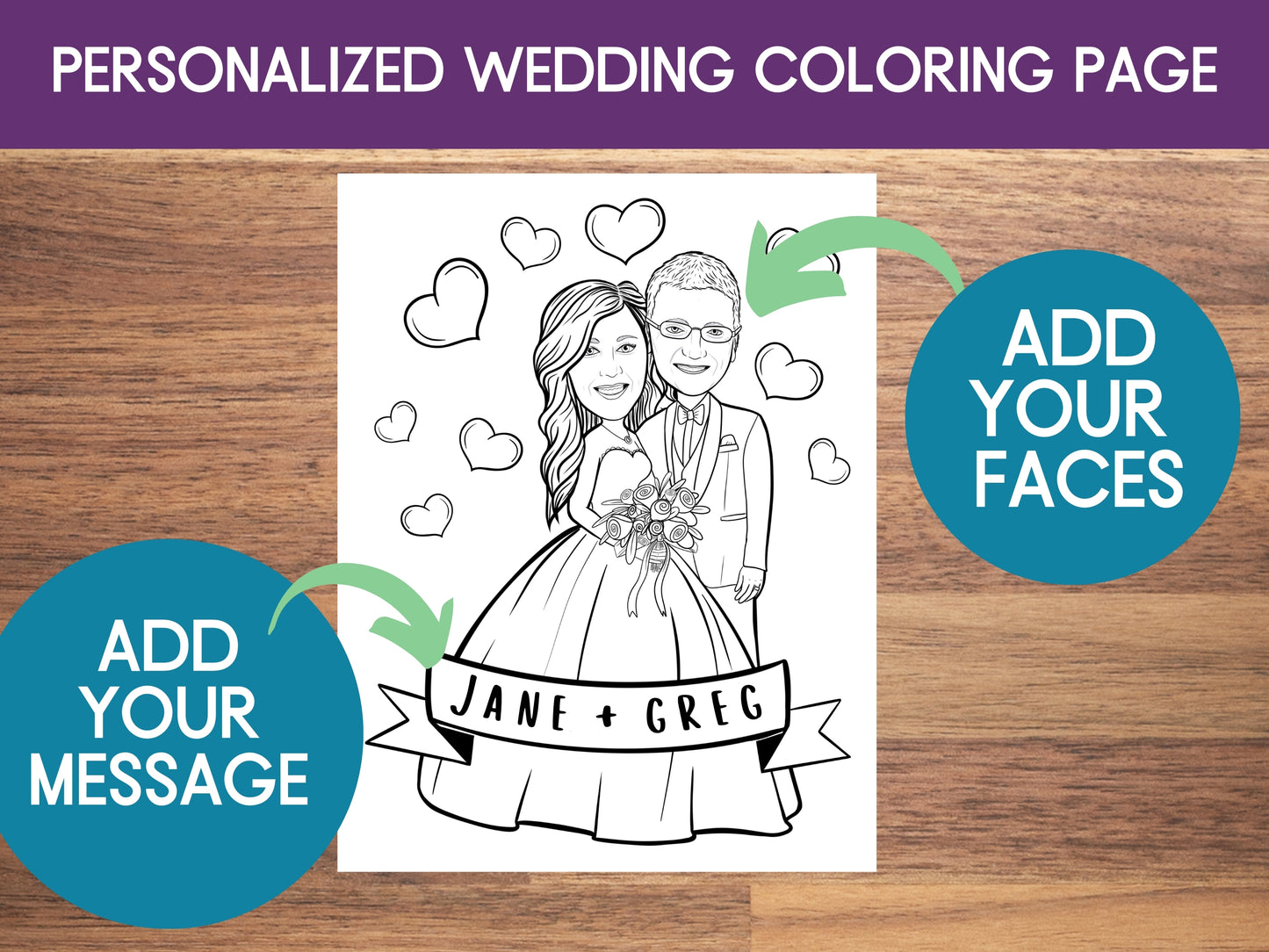 Personalized Bride and Groom Coloring Page for Wedding